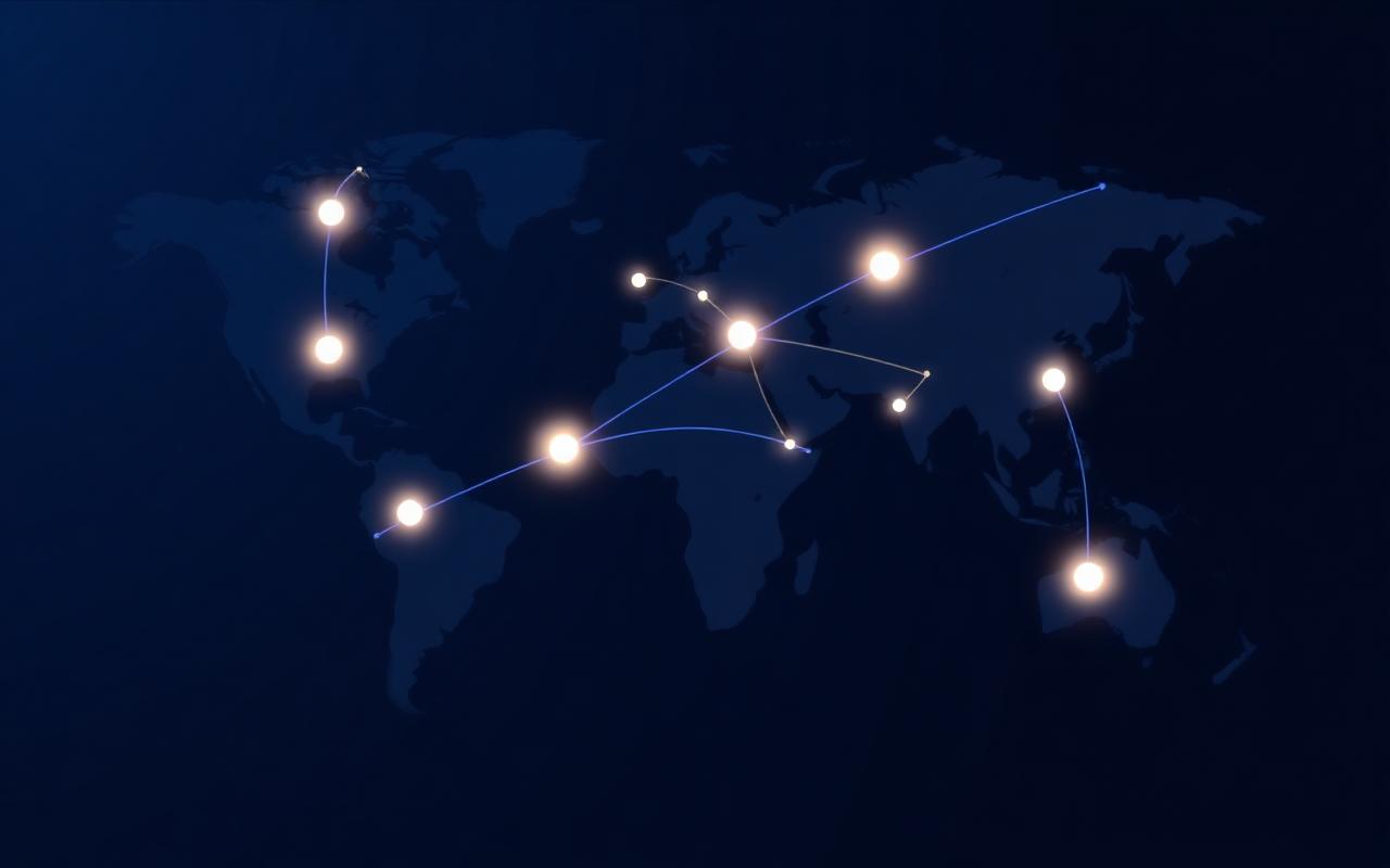 Glowing nodes connected across a world map representing omnichannel feed distribution