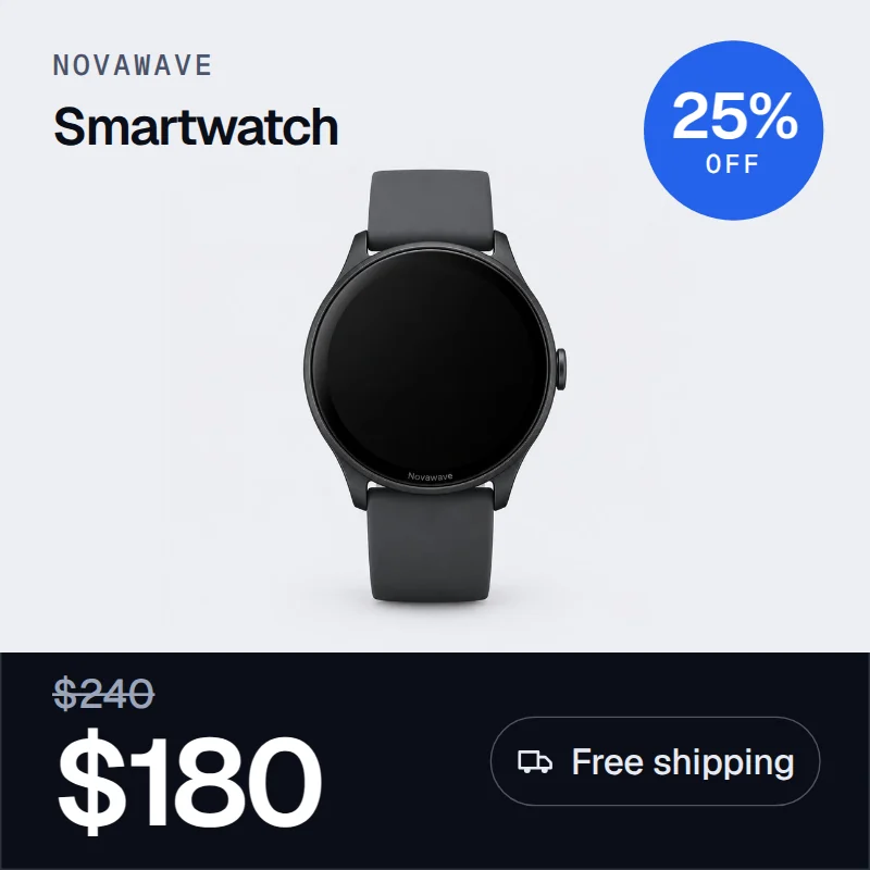 The same smartwatch photo with title, sale price, 25% off badge and free shipping added