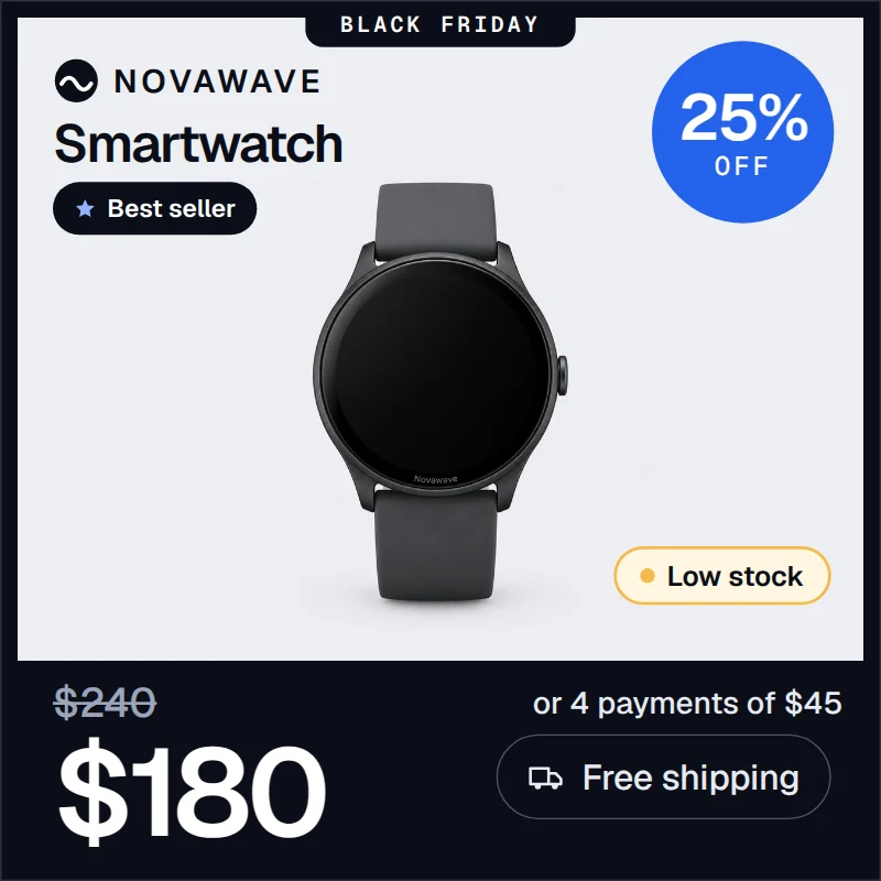 Smartwatch ad showing logo, best seller tag, 25% off badge, low stock, installments, free shipping and a Black Friday frame